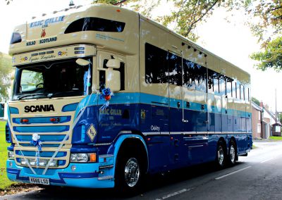 Eric Gillie Ltd's Oakley Supremacy Scania horsebox on family wedding duty in Kelso, Scotland.